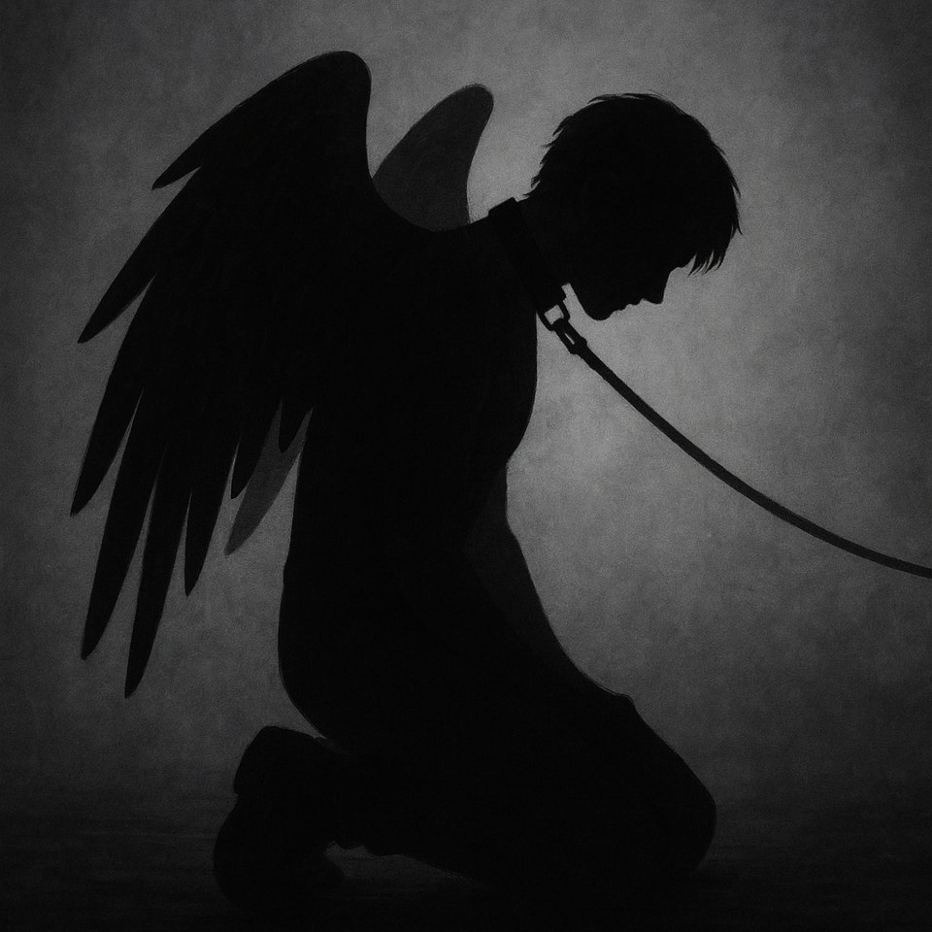 Damion kneels with a leash attached to his neck