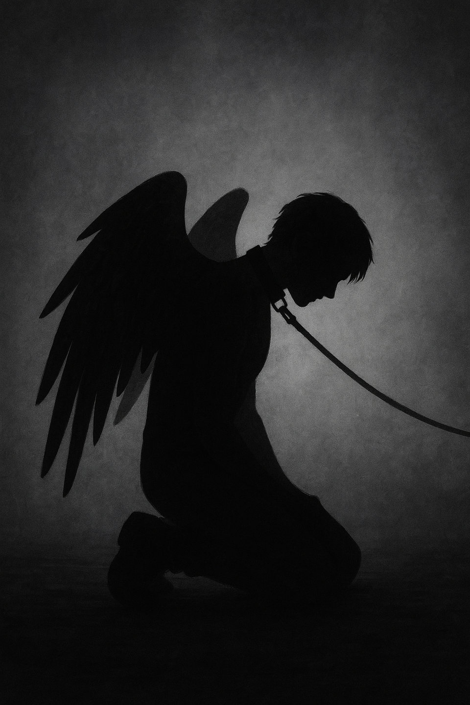 Damion kneels with a leash attached to his neck