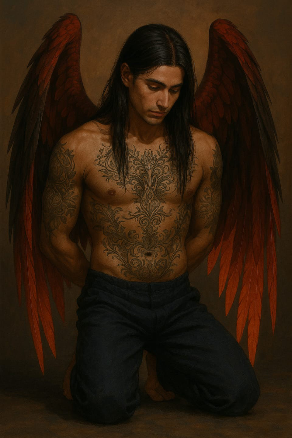 Damion kneeling and bound