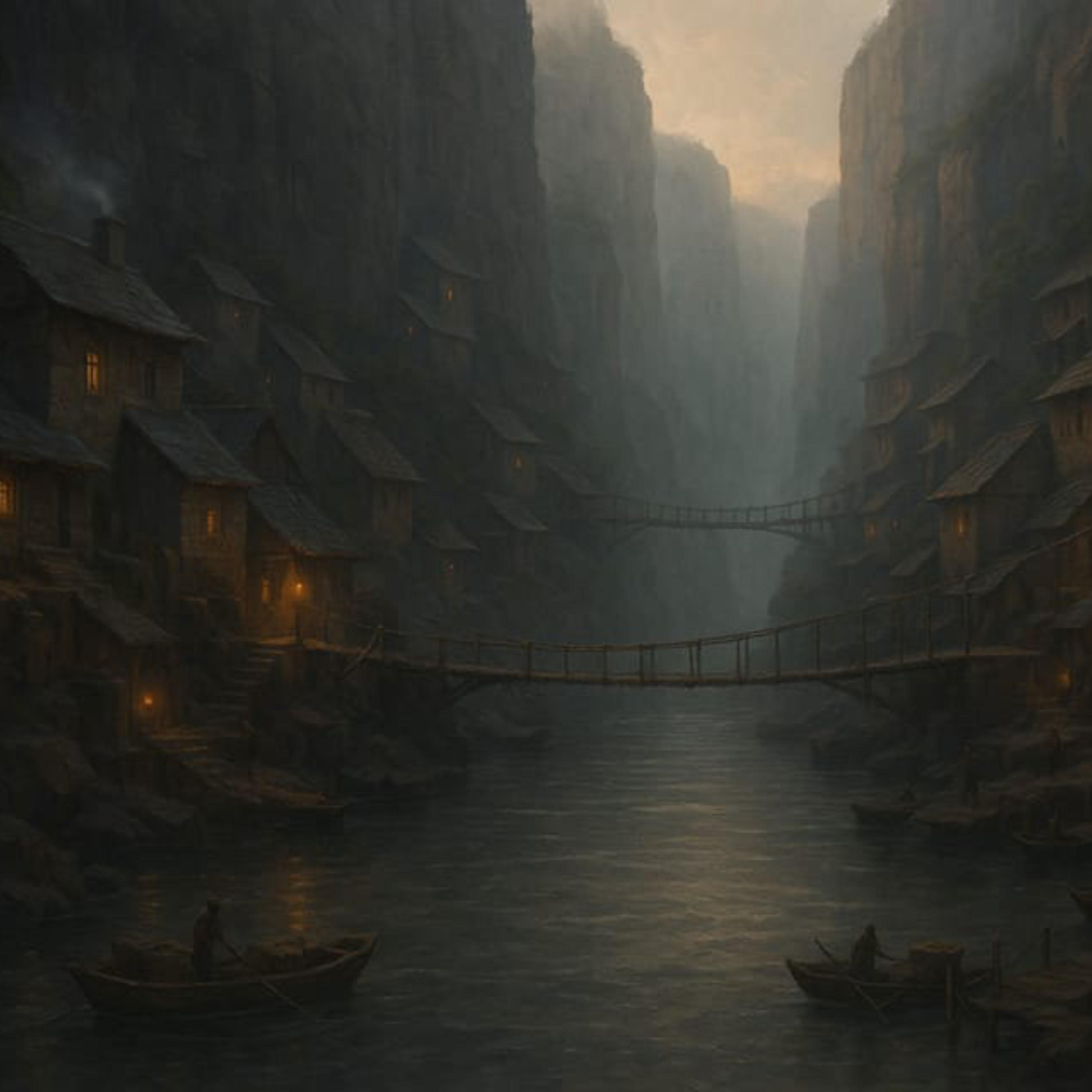 A village lies within the great canyon of the Water Sanctum