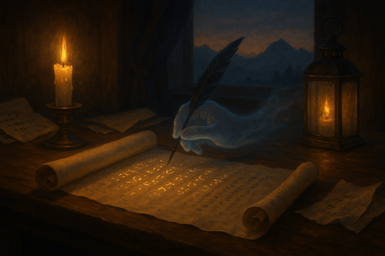 A ghostly hand writing on parchment