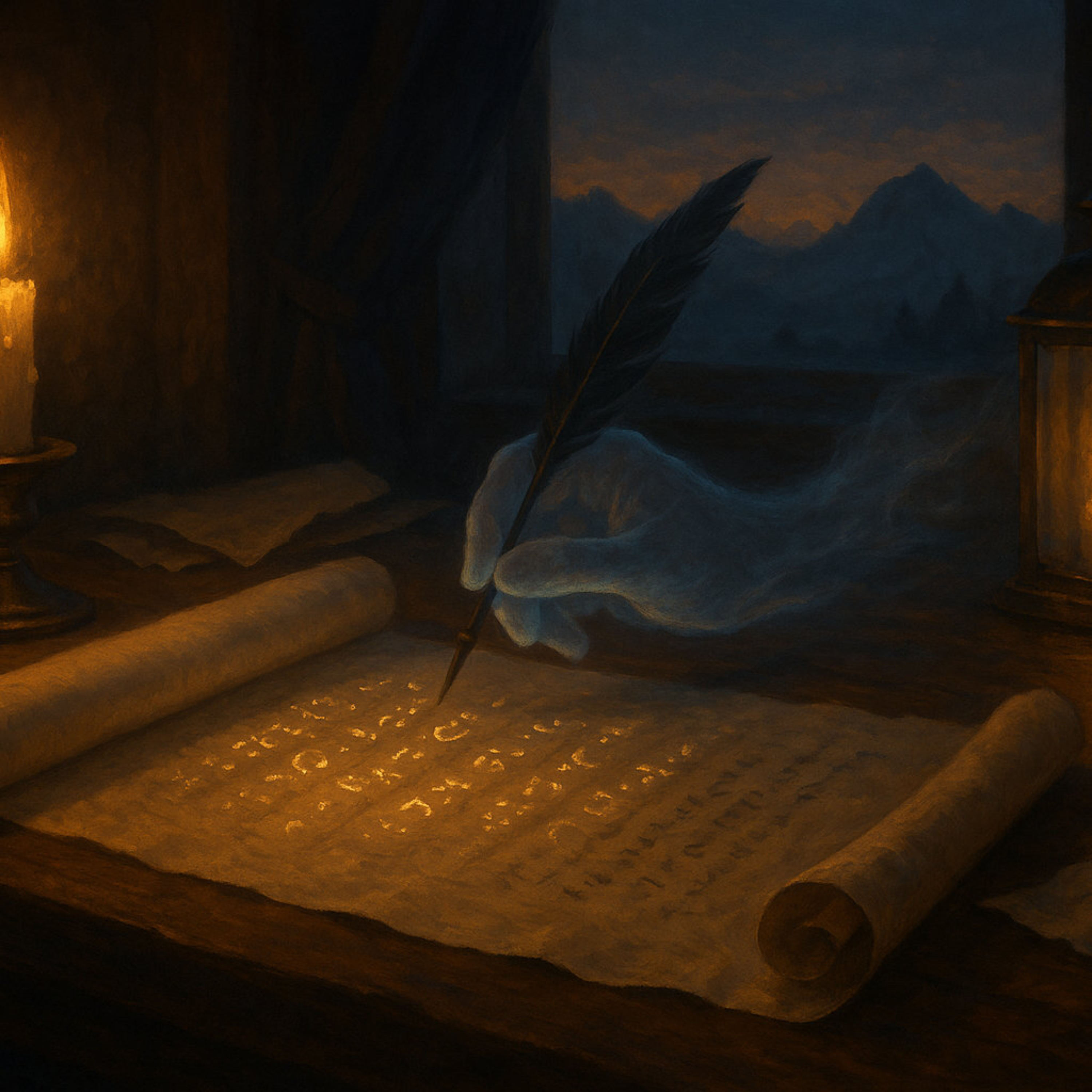 A ghostly hand writing on parchment